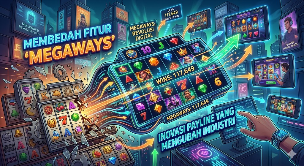 Ilustrasi futuristik yang membedah cara kerja fitur Megaways, menampilkan transisi dari mesin statis ke sistem antarmuka digital dengan 117.649 cara menang.