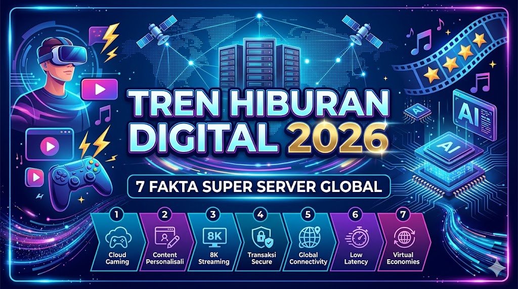 Banner ilustrasi futuristik Tren Hiburan Digital 2026 yang menampilkan 7 Fakta Super Server Global untuk pengalaman bermain dan streaming maksimal.
