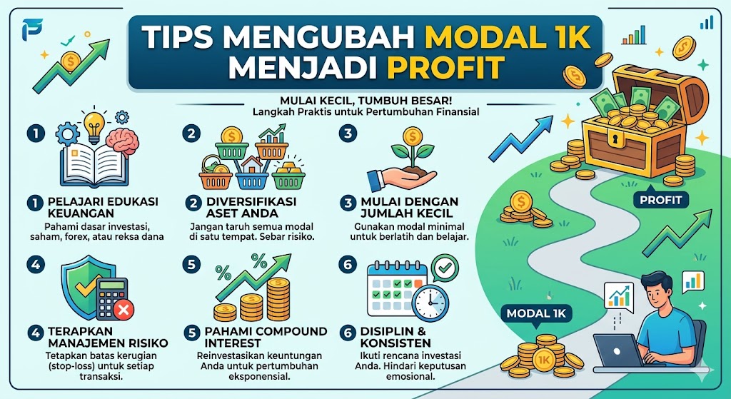 Sebuah infografis modern dengan judul Bahasa Indonesia tentang tips mengubah modal kecil menjadi keuntungan. Gambar menampilkan enam langkah bernomor dengan ikon dan teks: Pelajari Edukasi Keuangan, Diversifikasi Aset, Mulai Kecil untuk Berlatih, Terapkan Manajemen Risiko, Pahami Compound Interest, dan Disiplin & Konsisten. Ada ilustrasi pertumbuhan koin dan grafik, dengan warna biru, hijau, dan kuning yang cerah.